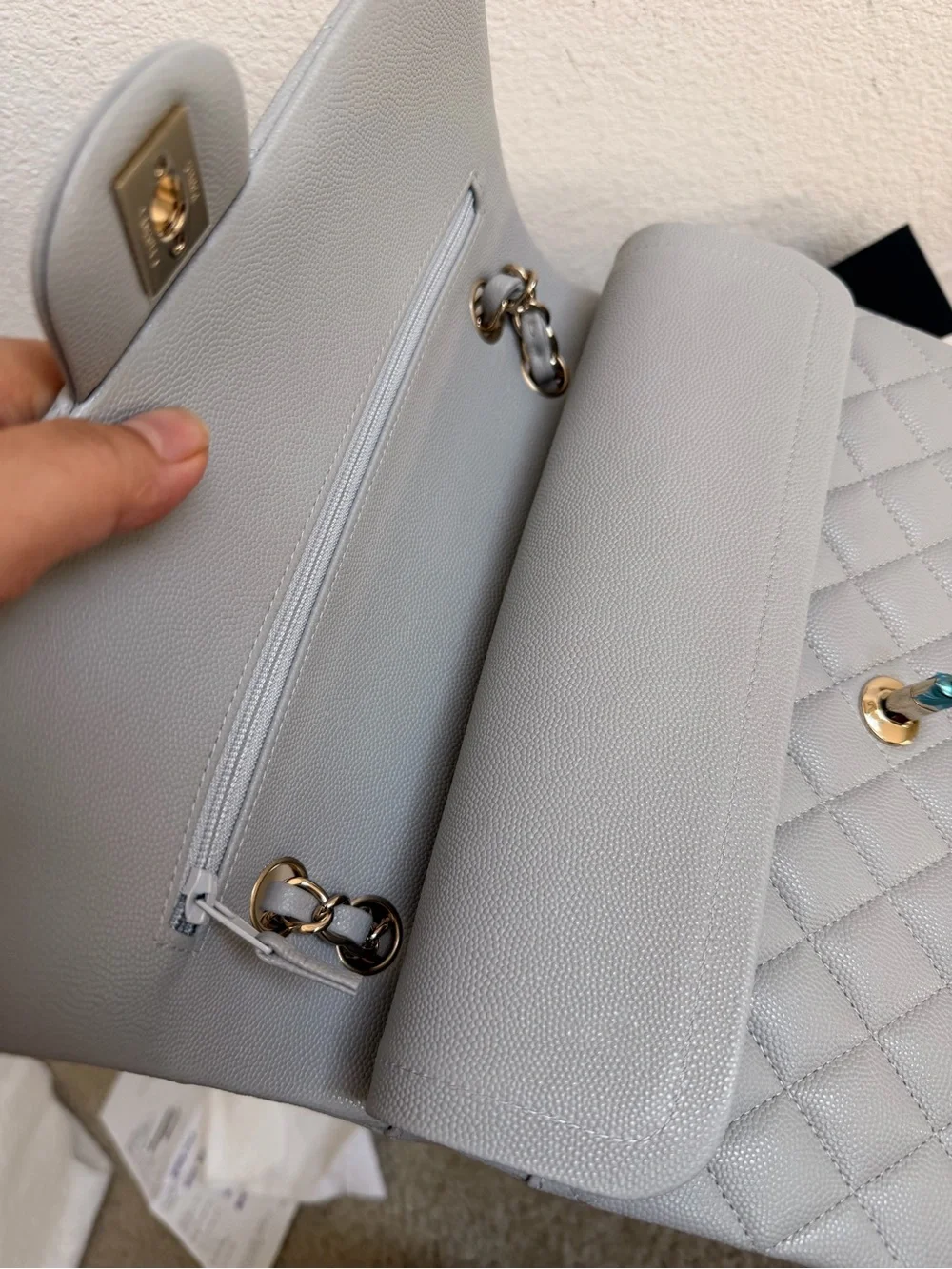 CHANEL 21A Light Grey light GHW Caviar Quilted Medium Double Flap with Receipt